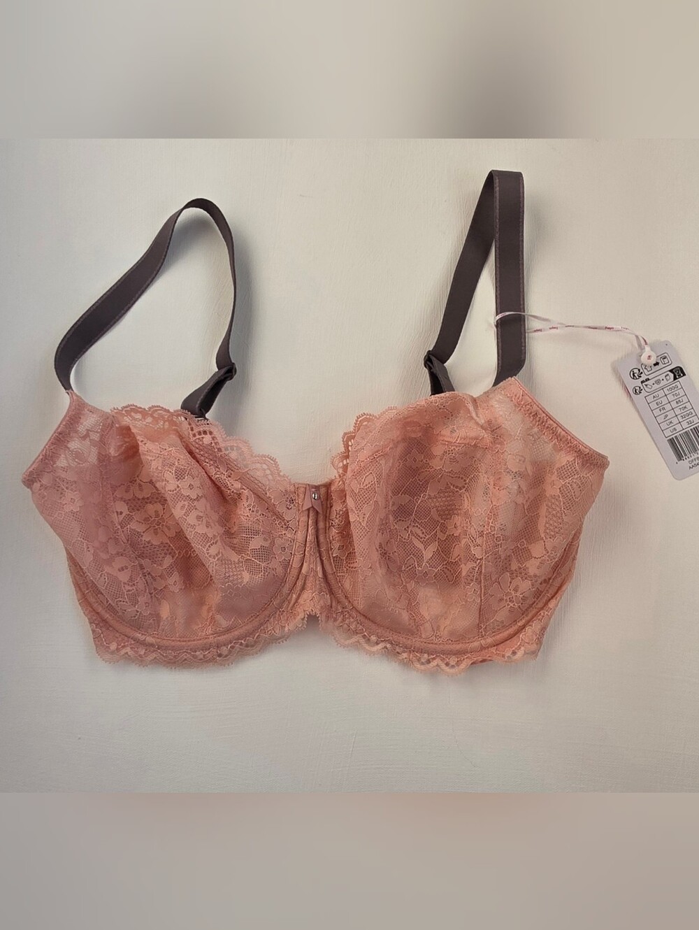 Freya 32J Sheer Lace Underwire Bra in Dusty Rose with Contrast Straps NWT